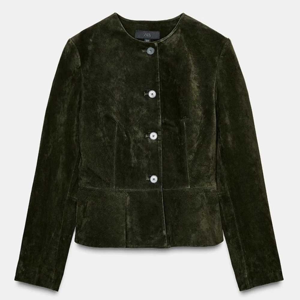 Zara NWT Olive Green Genuine Suede Peplum Jacket L Tailored Button Front Blazer